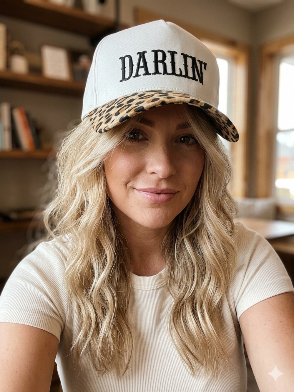 Darling Cream Cap with Leopard Print Brim